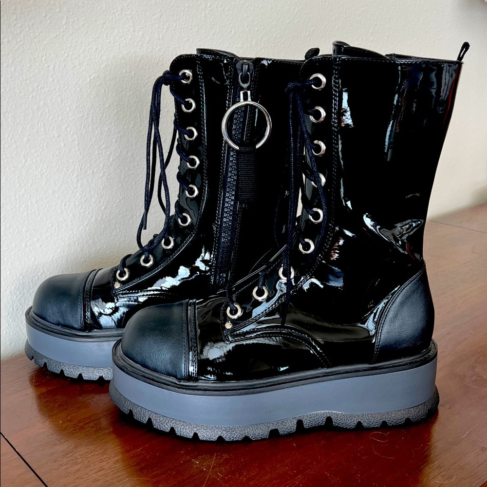 Demonia Slacker-220-1 Black Vegan Patent Platform Boots (New - NO box) - Picture 2 of 10